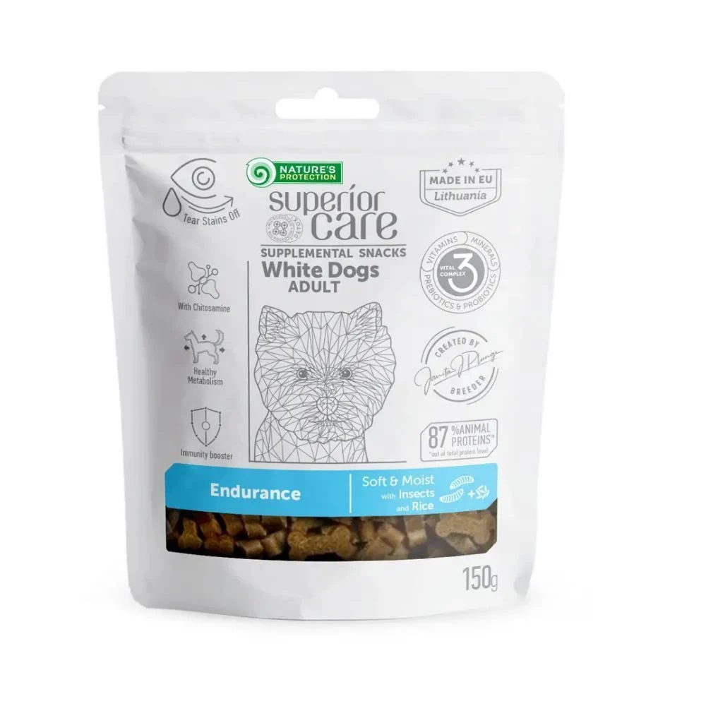 Ласощі для собак Nature's Protection Lifestyle Superior Care White Dogs Endurance 150 г - комахи Ласощі для собак Nature's Protection Lifestyle Superior Care White Dogs Endurance 150 г - комахи