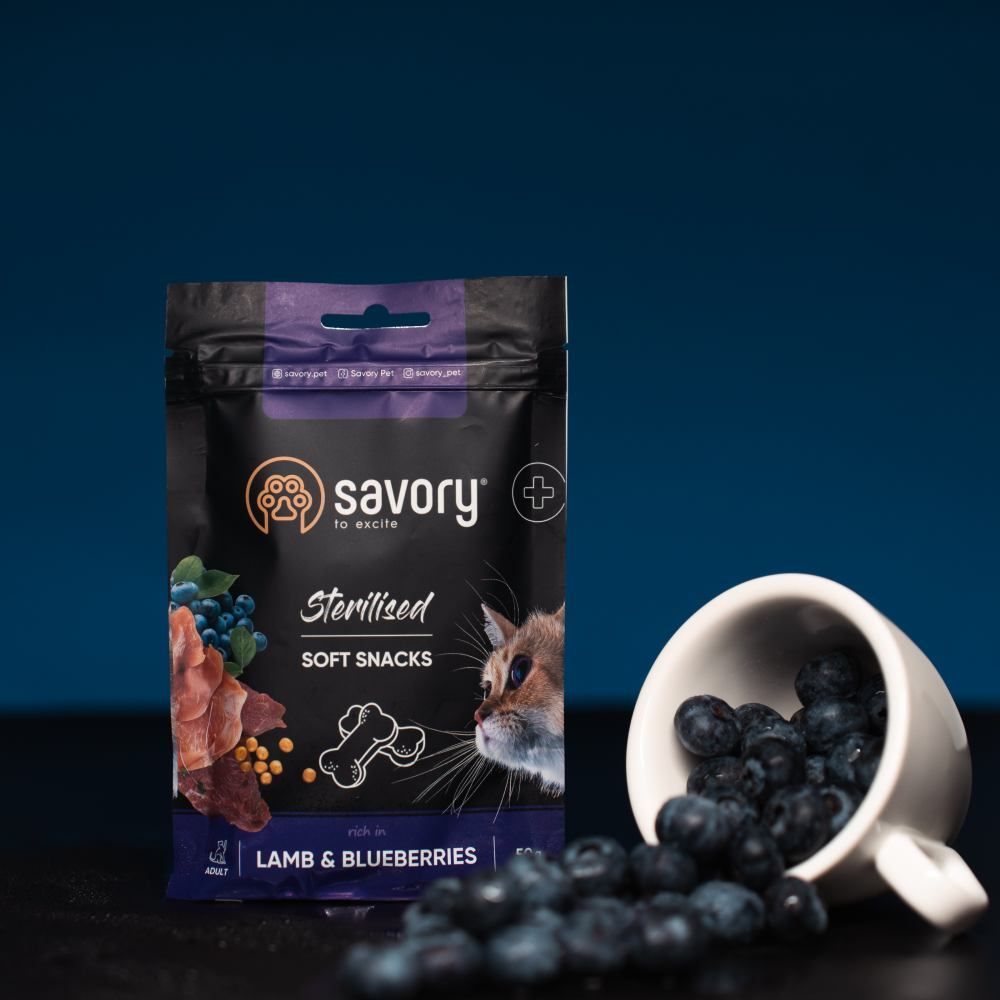 Ласощі для котів Savory Sterilized 50 г - ягня та чорниця Ласощі для котів Savory Sterilized 50 г - ягня та чорниця