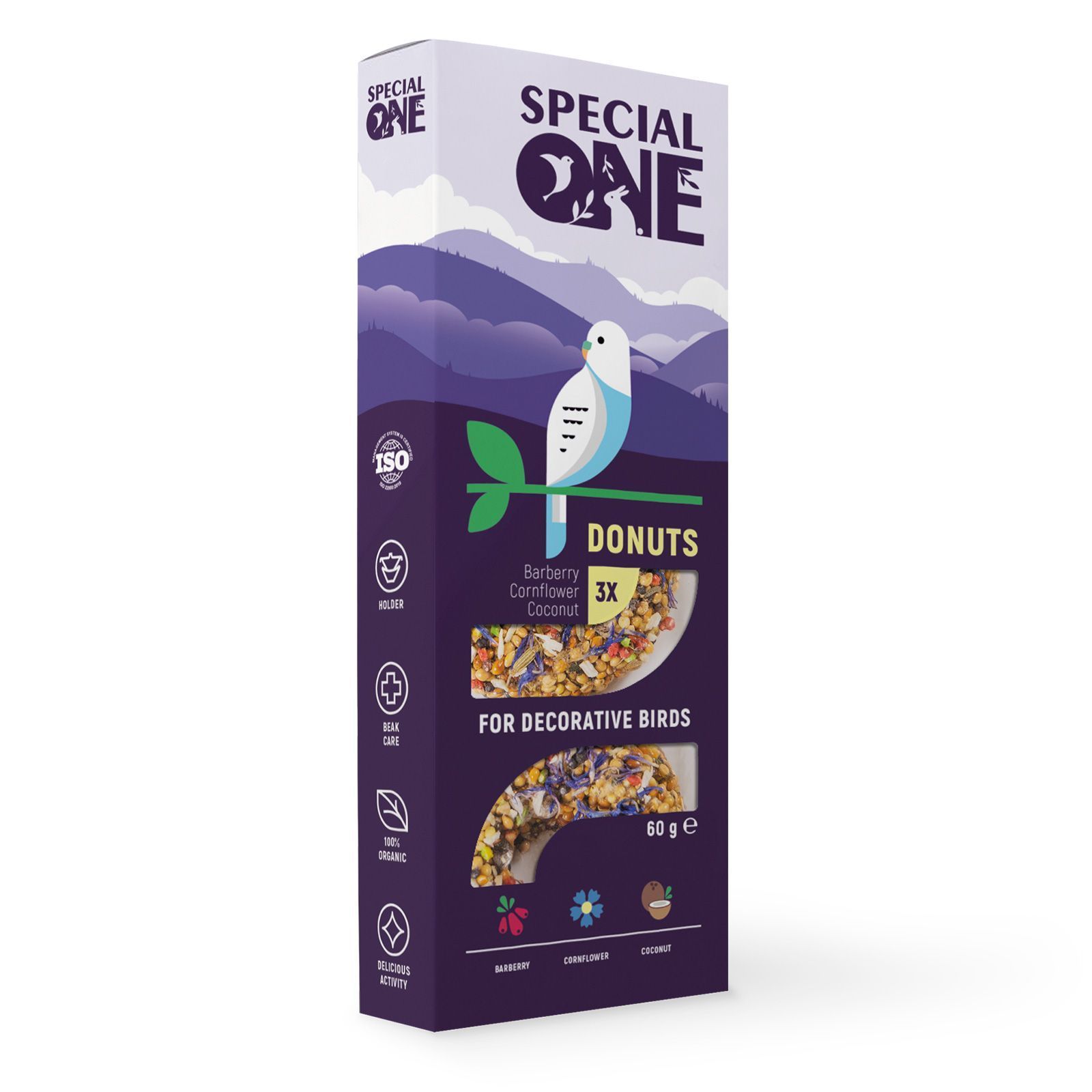 Ласощі для декоративних птахів Special One Пончики 3 шт х 20 г - барбарис, волошка та кокос