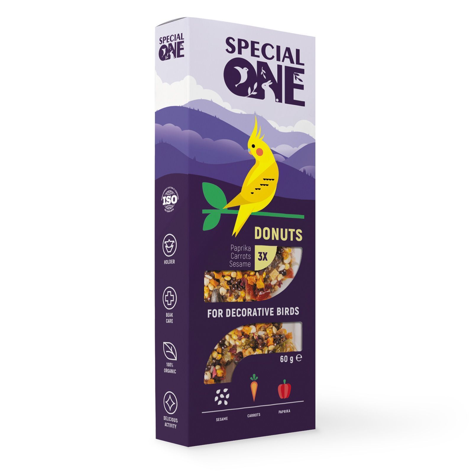 Ласощі для декоративних птахів Special One Пончики 3 шт х 20 г - паприка, морква та кунжут