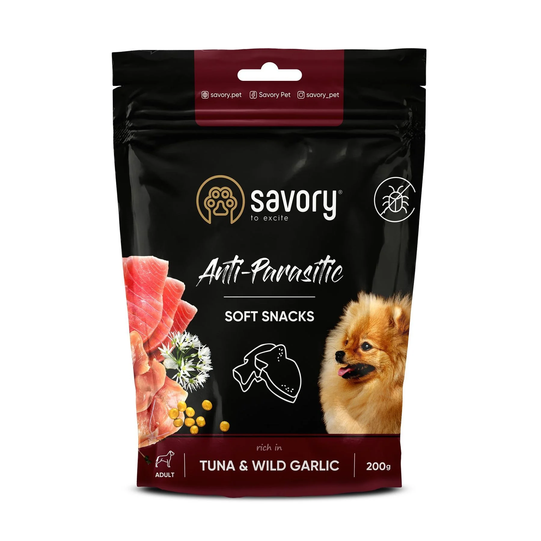 Ласощі для собак Savory Anti-Parasitic Soft Snacks 200 г - тунець та дикий часник Ласощі для собак Savory Anti-Parasitic Soft Snacks 200 г - тунець та дикий часник