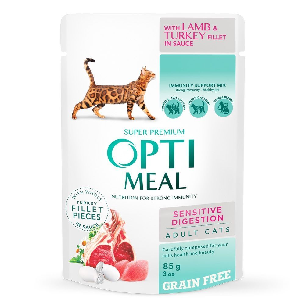 Упаковка вологого корму для котів Optimeal Sensitive Digestion Adult 3+1 шт х 85 г - індичка та ягня Упаковка вологого корму для котів Optimeal Sensitive Digestion Adult 3+1 шт х 85 г - індичка та ягня