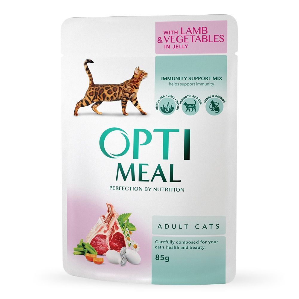 Упаковка вологого корму для котів Optimeal Adult 3+1 шт х 85 г - ягня та овочі Упаковка вологого корму для котів Optimeal Adult 3+1 шт х 85 г - ягня та овочі