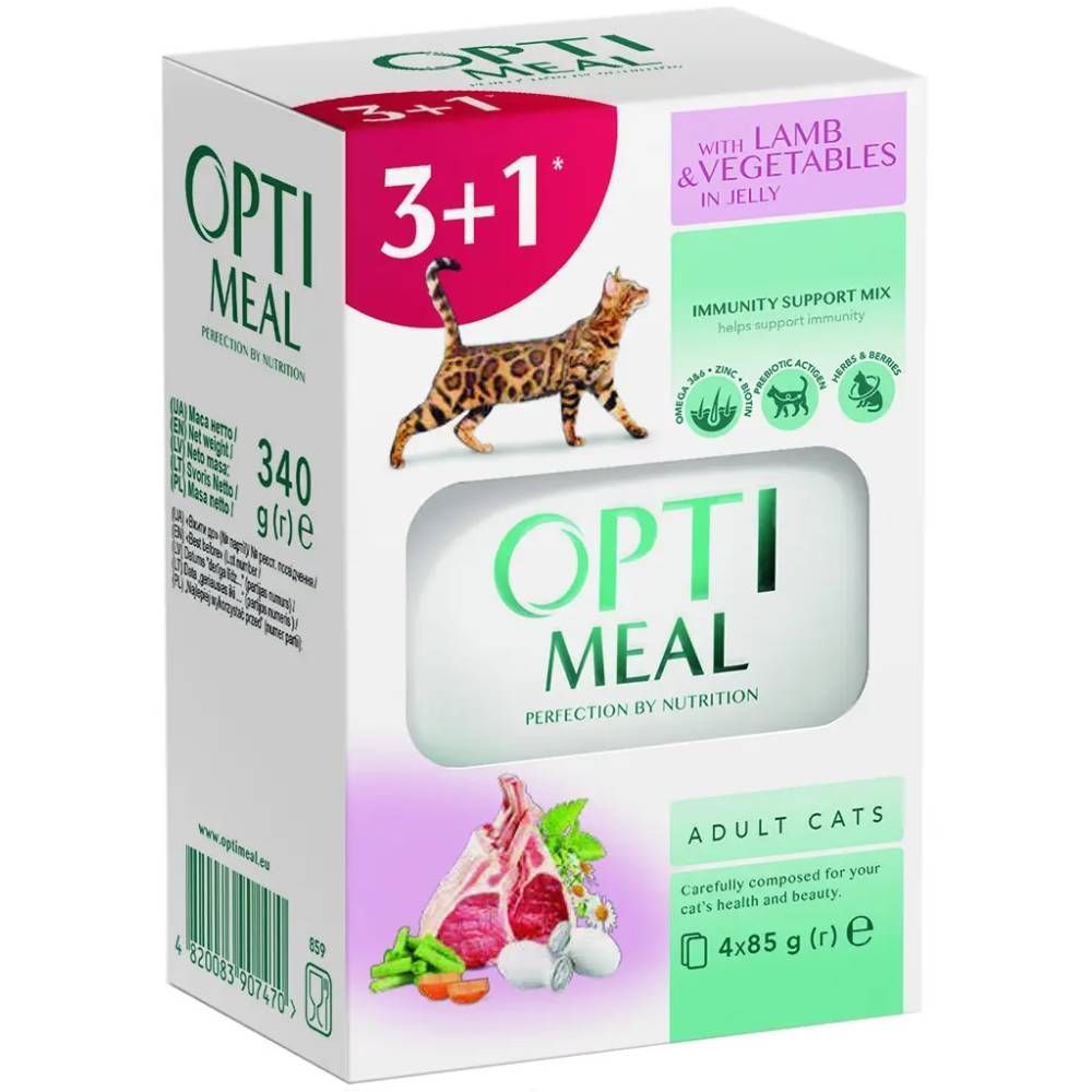 Упаковка вологого корму для котів Optimeal Adult 3+1 шт х 85 г - ягня та овочі Упаковка вологого корму для котів Optimeal Adult 3+1 шт х 85 г - ягня та овочі