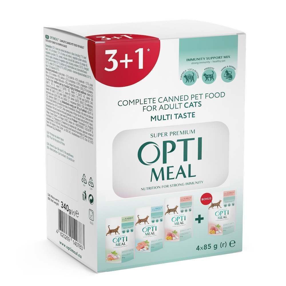Набір вологого корму для котів Optimeal Adult Multi Taste 3+1 шт x 85 г - асорті