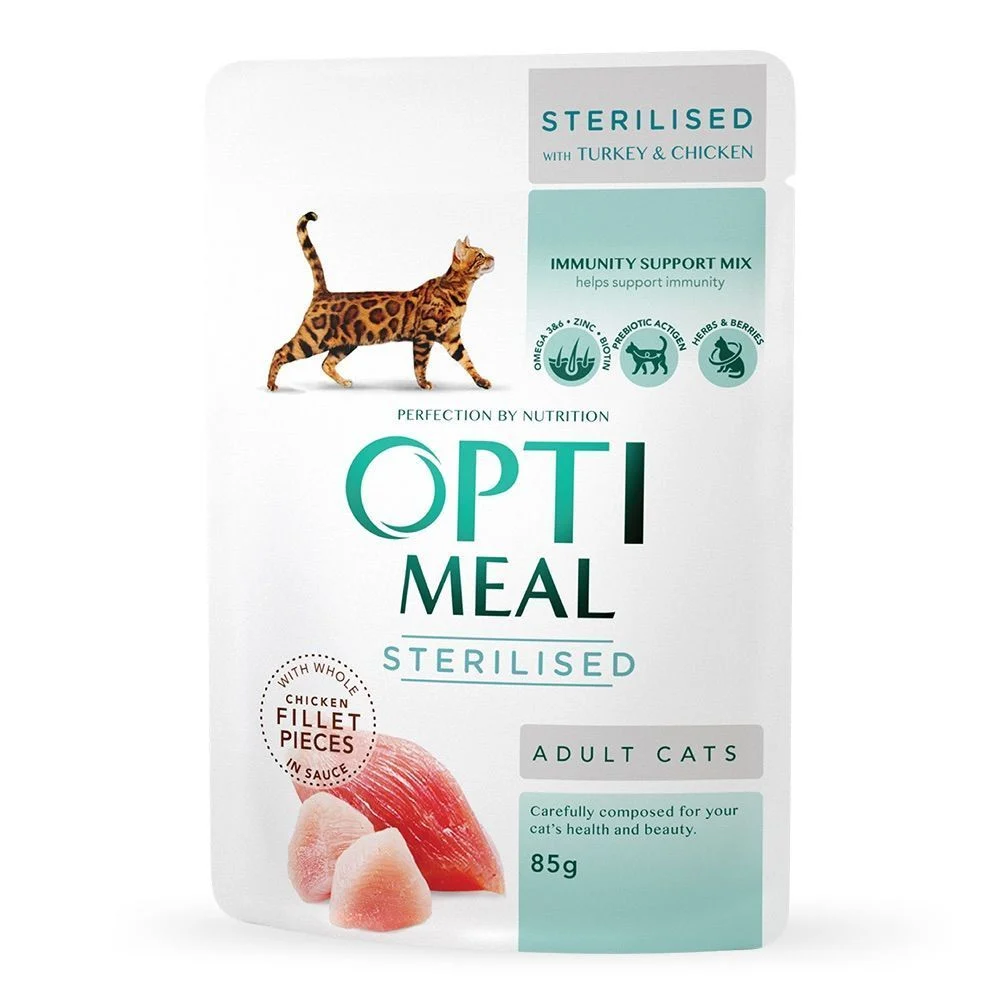 Упаковка вологого корму для котів Optimeal Sterilised 3+1 шт х 85 г - індичка та курка