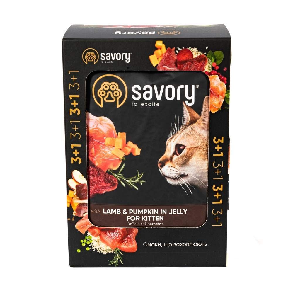 Упаковка вологого корму для кошенят Savory Kitten 3+1 шт х 85 г - ягня та гарбуз Упаковка вологого корму для кошенят Savory Kitten 3+1 шт х 85 г - ягня та гарбуз