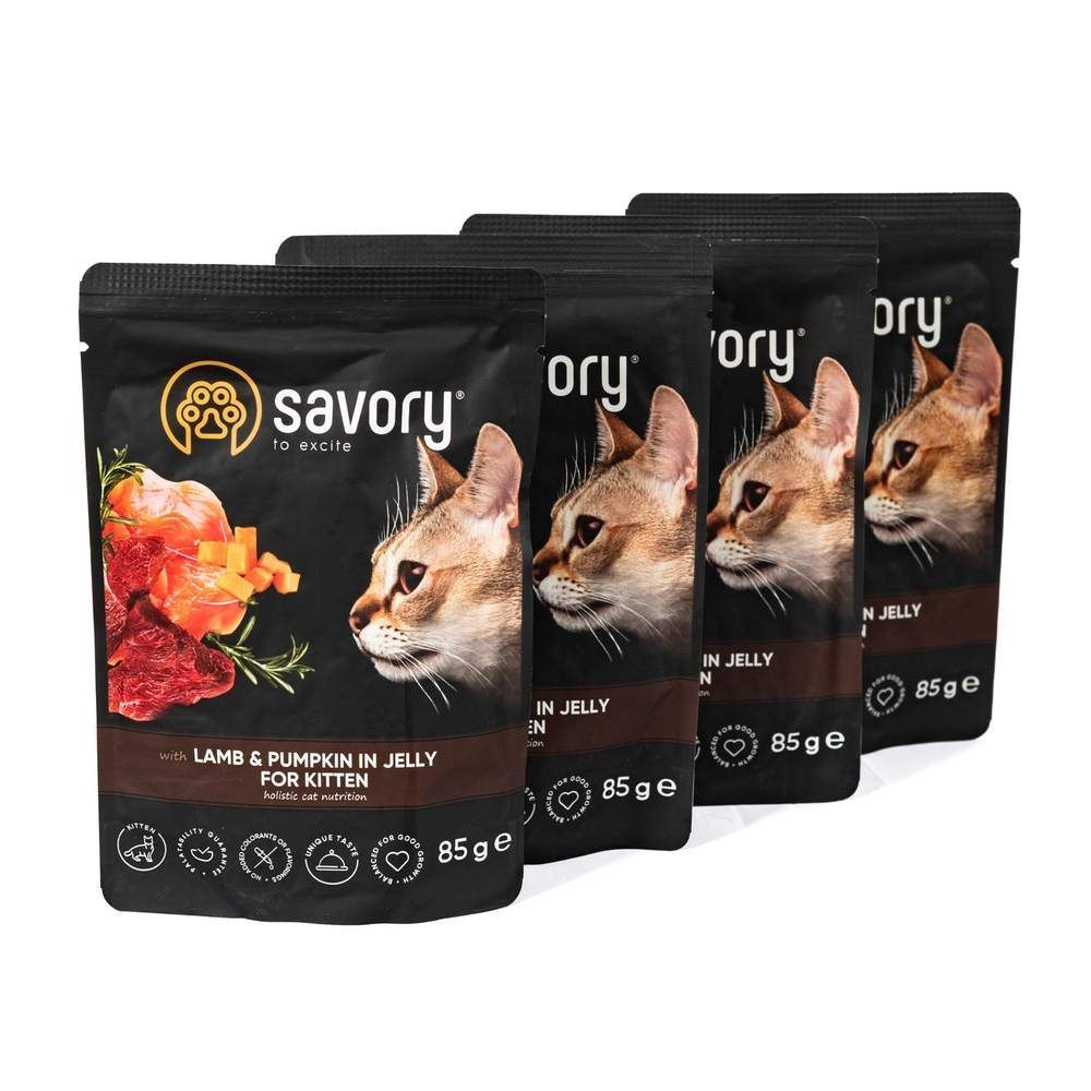 Упаковка вологого корму для кошенят Savory Kitten 3+1 шт х 85 г - ягня та гарбуз Упаковка вологого корму для кошенят Savory Kitten 3+1 шт х 85 г - ягня та гарбуз