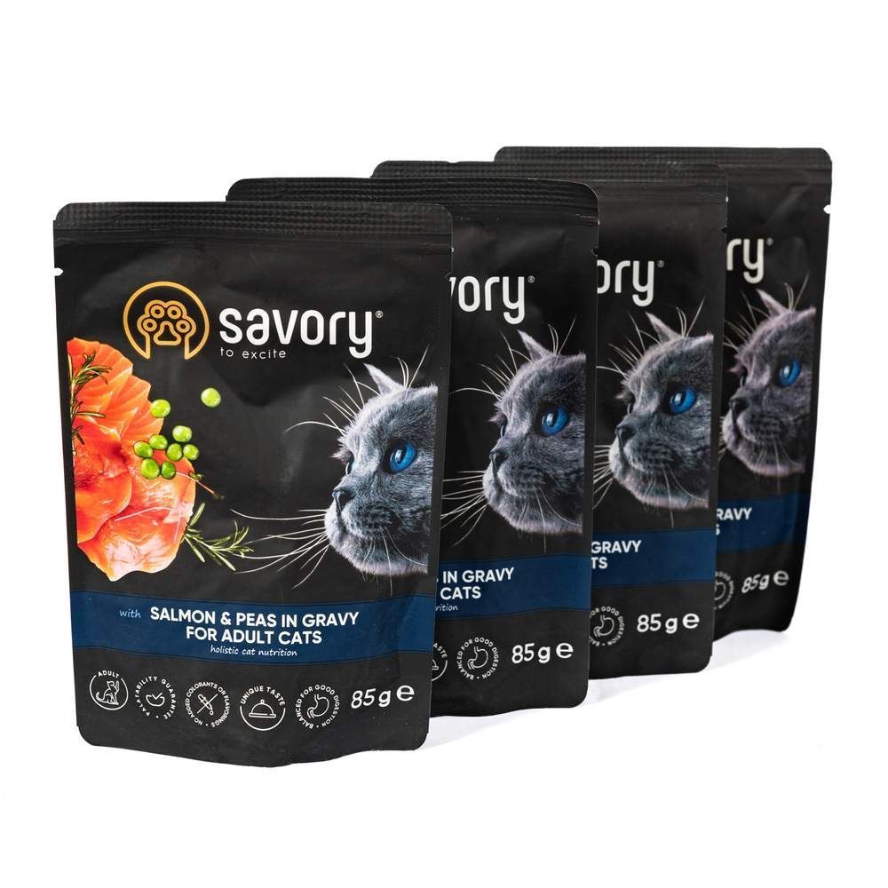 Упаковка вологого корму для котів Savory Adult 3+1 шт х 85 г - лосось та горошок Упаковка вологого корму для котів Savory Adult 3+1 шт х 85 г - лосось та горошок