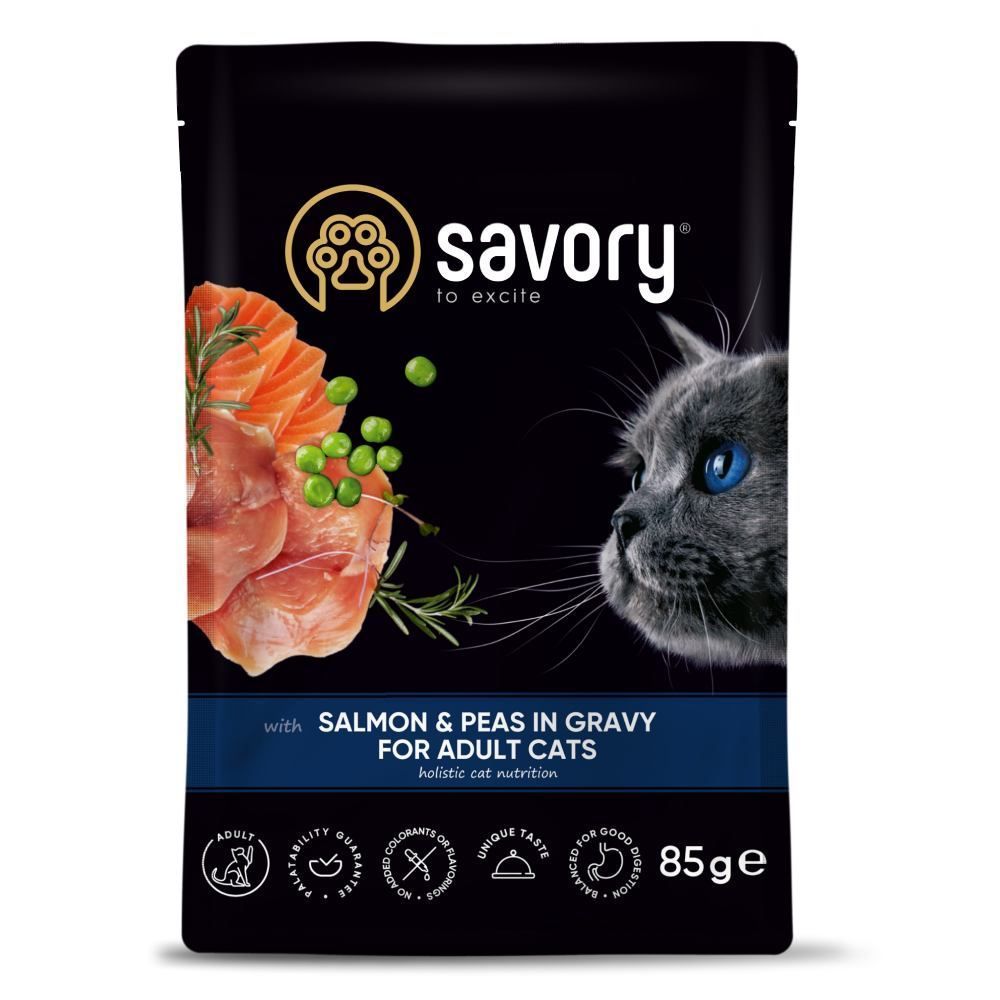 Упаковка вологого корму для котів Savory Adult 3+1 шт х 85 г - лосось та горошок Упаковка вологого корму для котів Savory Adult 3+1 шт х 85 г - лосось та горошок