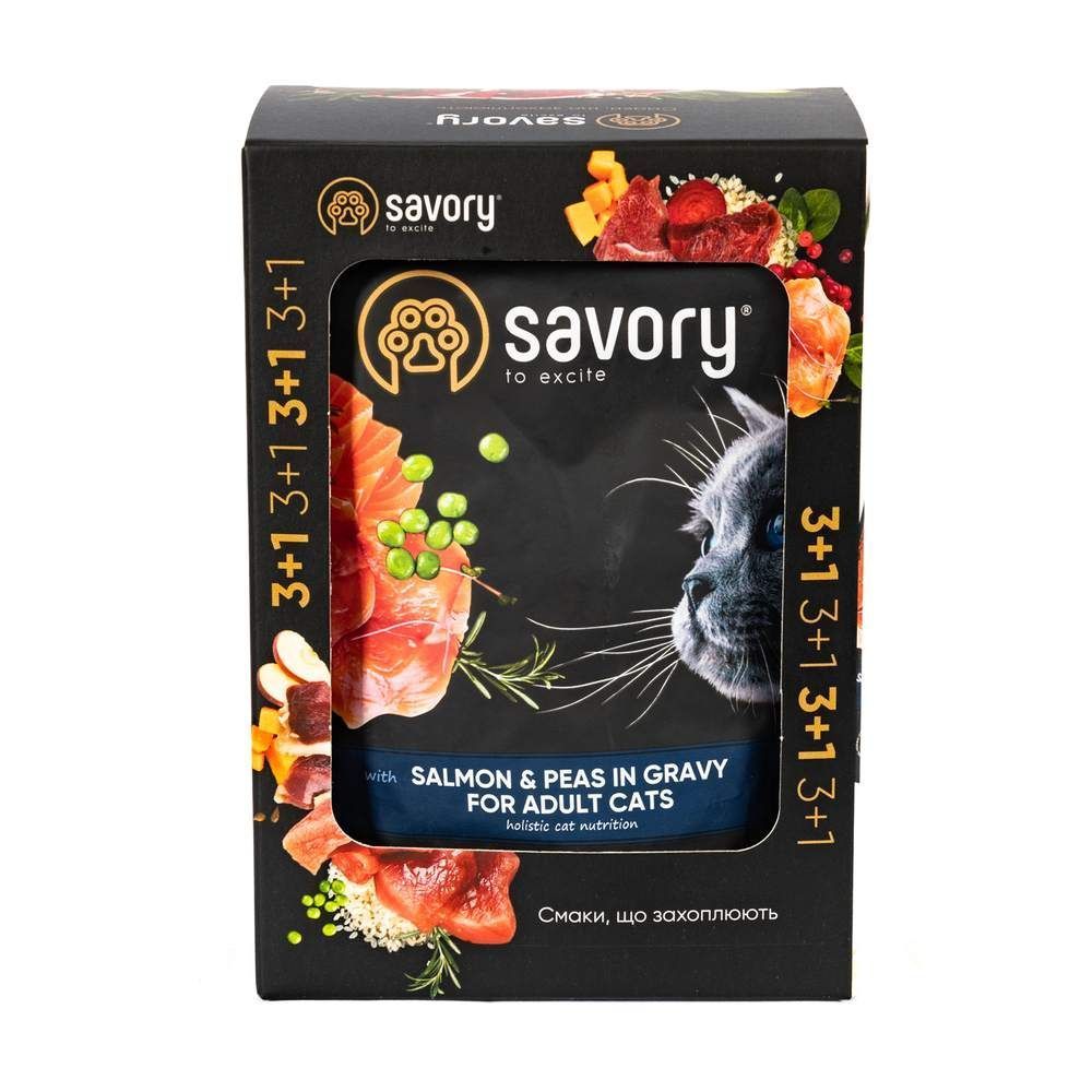 Упаковка вологого корму для котів Savory Adult 3+1 шт х 85 г - лосось та горошок Упаковка вологого корму для котів Savory Adult 3+1 шт х 85 г - лосось та горошок