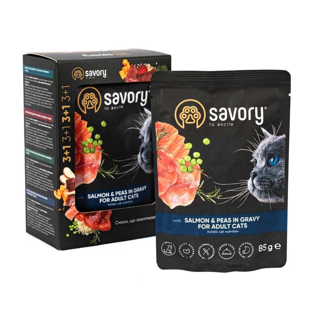 Упаковка вологого корму для котів Savory Adult 3+1 шт х 85 г - лосось та горошок Упаковка вологого корму для котів Savory Adult 3+1 шт х 85 г - лосось та горошок