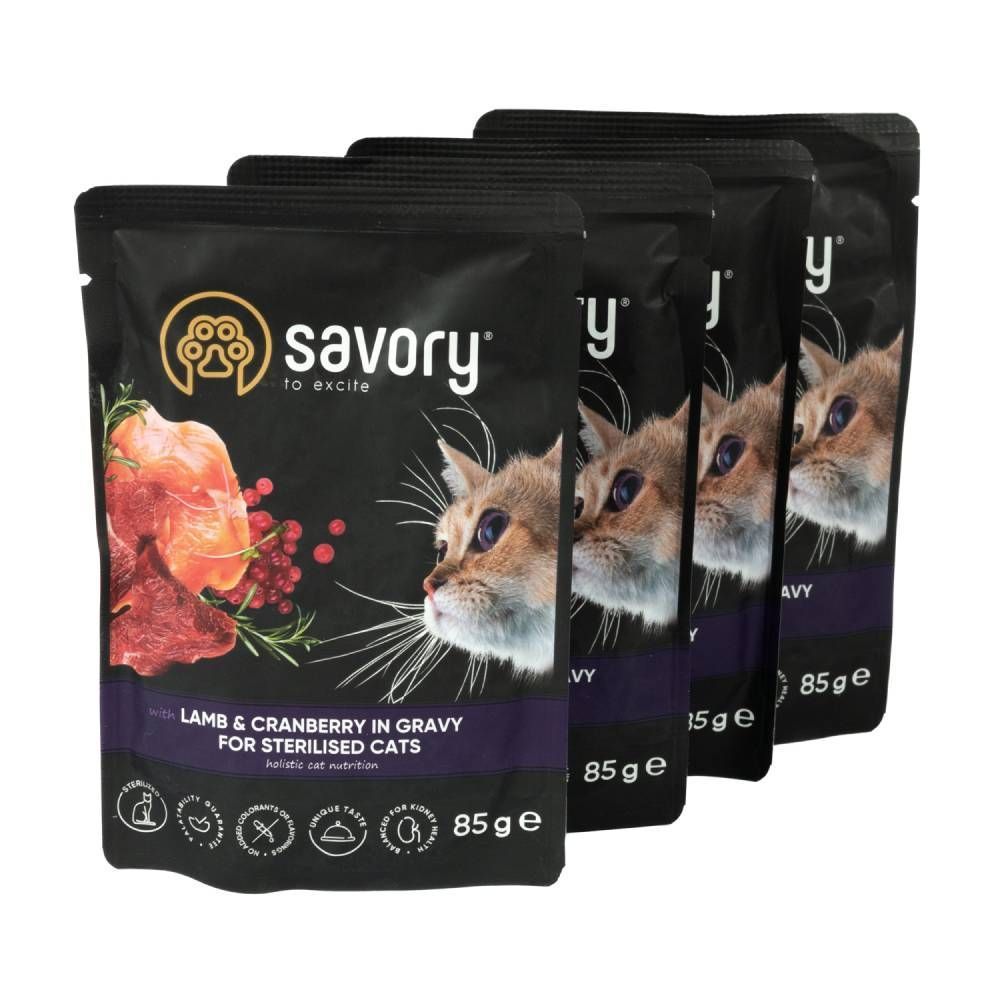 Упаковка вологого корму для котів Savory Sterilised 3+1 шт х 85 г - ягня та журавлина Упаковка вологого корму для котів Savory Sterilised 3+1 шт х 85 г - ягня та журавлина