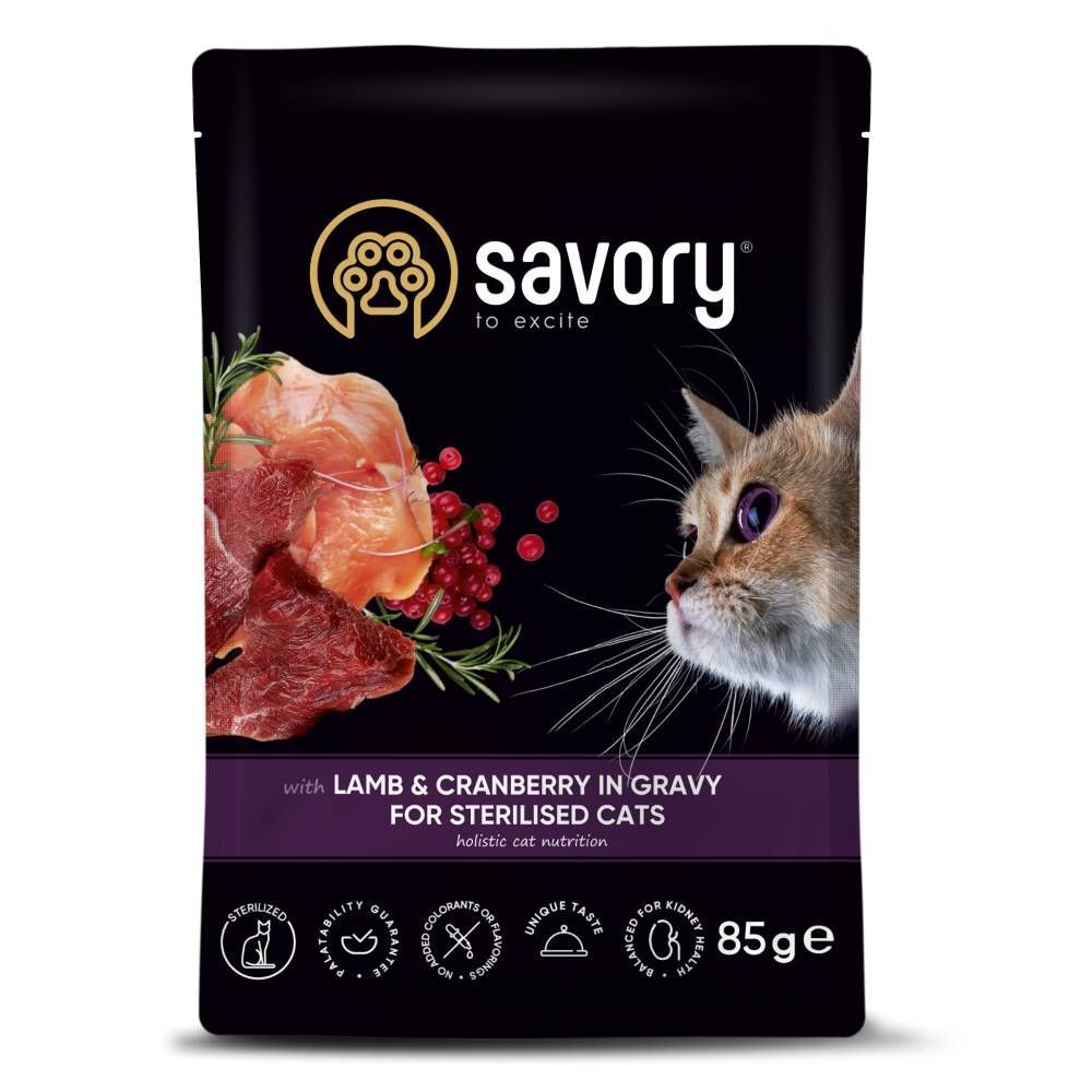 Упаковка вологого корму для котів Savory Sterilised 3+1 шт х 85 г - ягня та журавлина Упаковка вологого корму для котів Savory Sterilised 3+1 шт х 85 г - ягня та журавлина