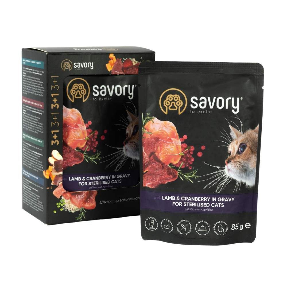 Упаковка вологого корму для котів Savory Sterilised 3+1 шт х 85 г - ягня та журавлина Упаковка вологого корму для котів Savory Sterilised 3+1 шт х 85 г - ягня та журавлина