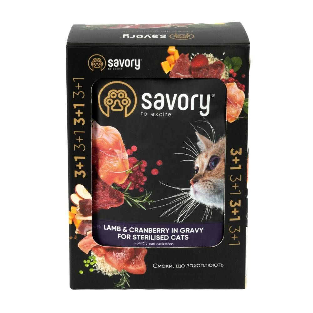 Упаковка вологого корму для котів Savory Sterilised 3+1 шт х 85 г - ягня та журавлина Упаковка вологого корму для котів Savory Sterilised 3+1 шт х 85 г - ягня та журавлина