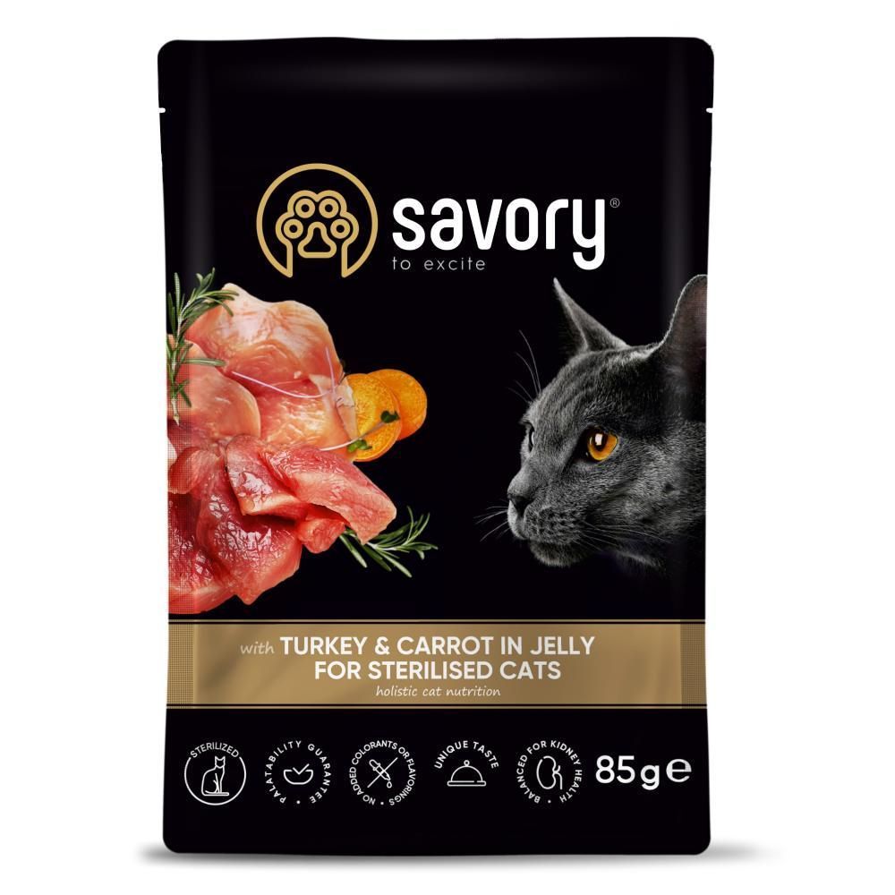 Упаковка вологого корму для котів Savory Sterilised 3+1 шт х 85 г - індичка та морква