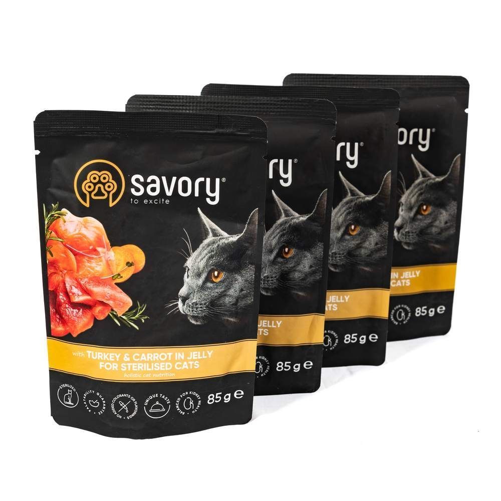 Упаковка вологого корму для котів Savory Sterilised 3+1 шт х 85 г - індичка та морква