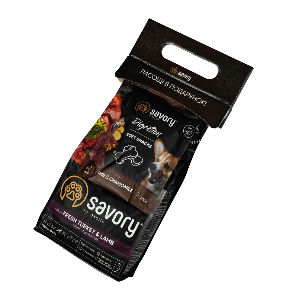 Сухий корм для собак Savory Medium Breed 1 кг - індичка та ягня + Ласощі для собак Savory Digestion Soft Snacks 200 г - ягня та ромашка Сухий корм для собак Savory Medium Breed 1 кг - індичка та ягня + Ласощі для собак Savory Digestion Soft Snacks 200 г - ягня та ромашка