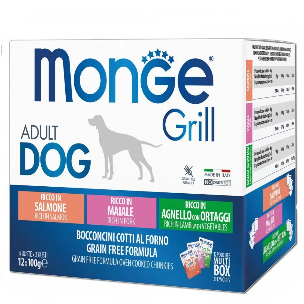 Набір вологого корму для собак Monge Grill Mix Adult 12 шт х 100 г - лосось, свинина, ягня та овочі Набір вологого корму для собак Monge Grill Mix Adult 12 шт х 100 г - лосось, свинина, ягня та овочі