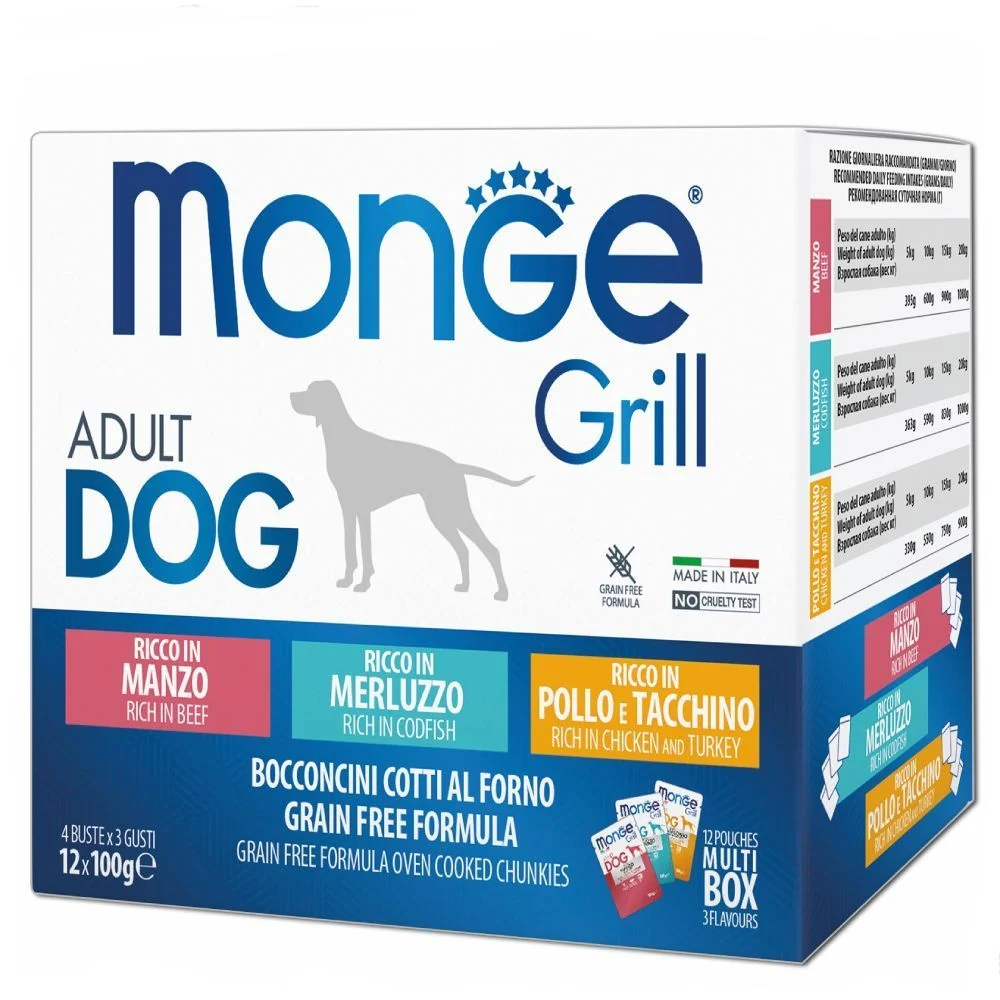 Набір вологого корму для собак Monge Grill Mix Adult 12 шт х 100 г - яловичина, тріска, курка та індичка Набір вологого корму для собак Monge Grill Mix Adult 12 шт х 100 г - яловичина, тріска, курка та індичка
