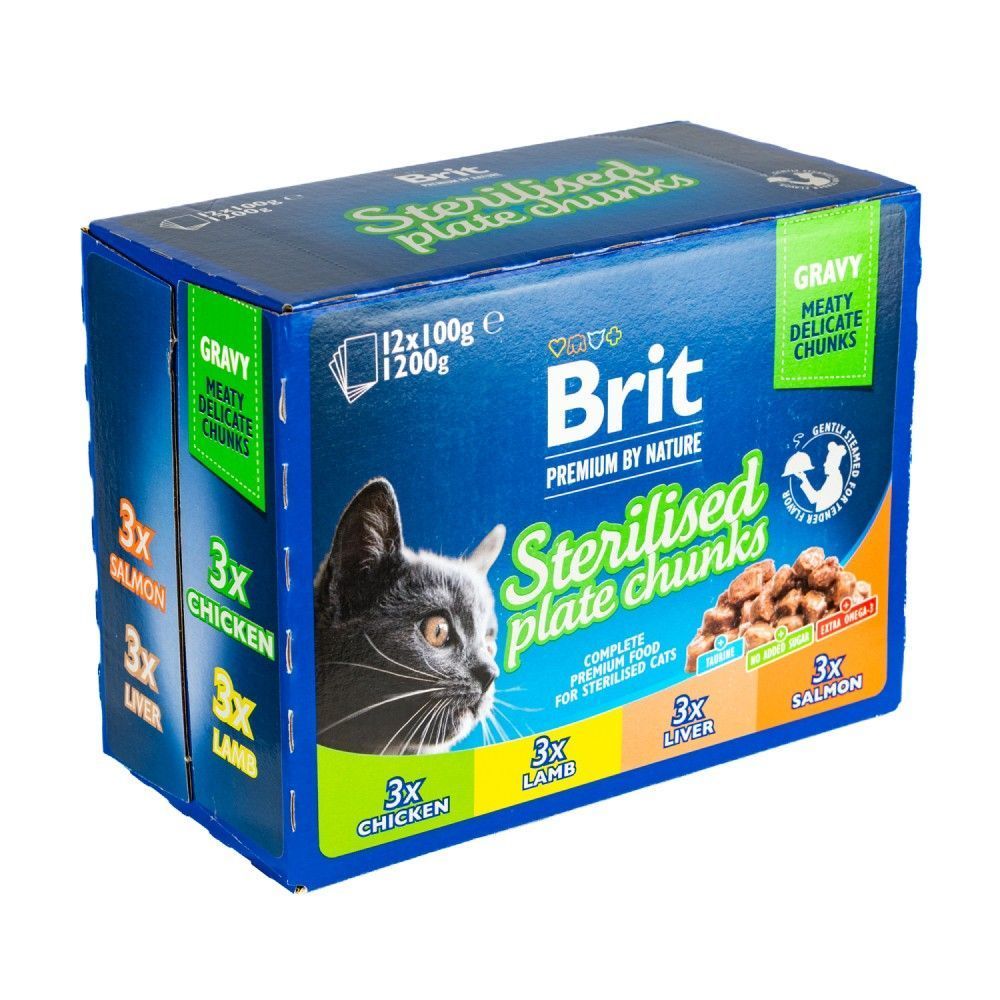 Набір вологого корму для котів Brit Premium Sterilised Plate Chunks 12 шт x 100 г - асорті