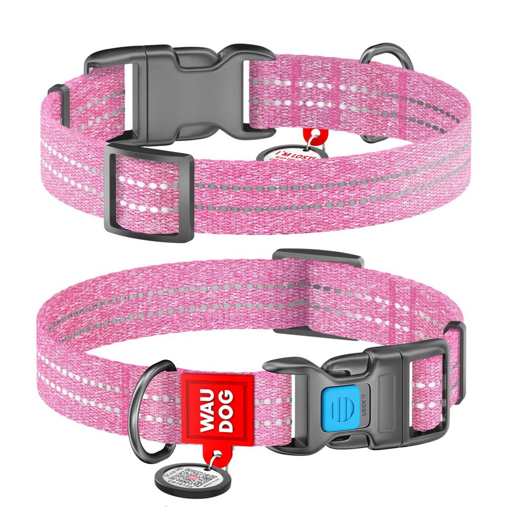 Ошейник светоотражающий Collar WAUDOG Re-cotton с QR-паспортом 31-49 см / 25 мм (розовый)