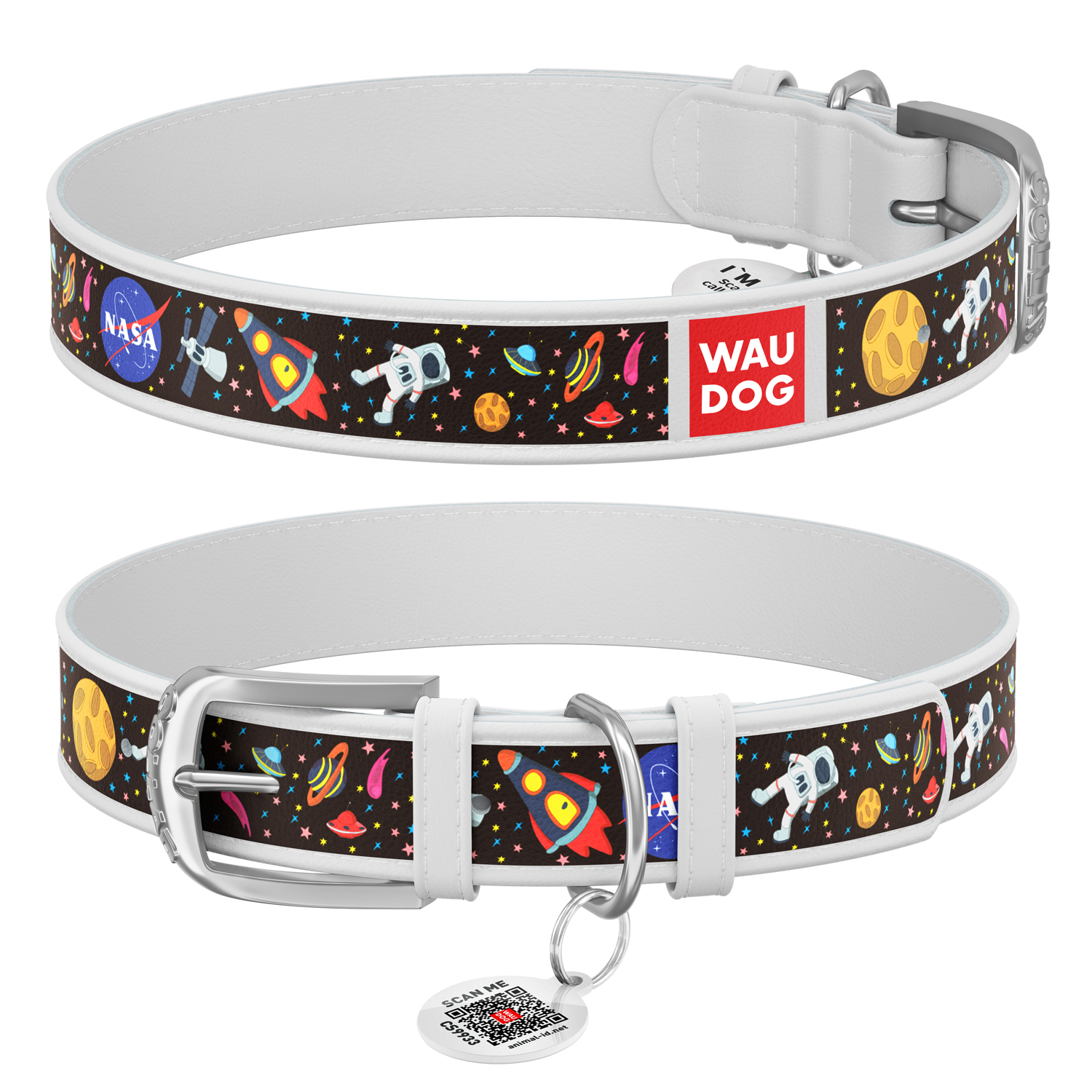 Ошейник WAUDOG Design с QR-паспортом и рисунком «NASA» XS 27-36 см / 15 мм (белый)