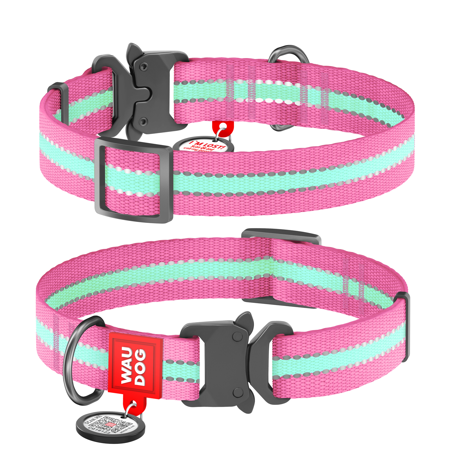 Нашийник WAUDOG Nylon світловідбиваючий c QR паспортом S 23-35 см / 15 мм (рожевий)