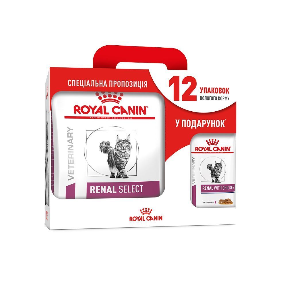 Набор сухого и влажного корма для кошек Royal Canin Renal Select 4 кг + 12 шт. по 85 г Набор сухого и влажного корма для кошек Royal Canin Renal Select 4 кг + 12 шт. по 85 г