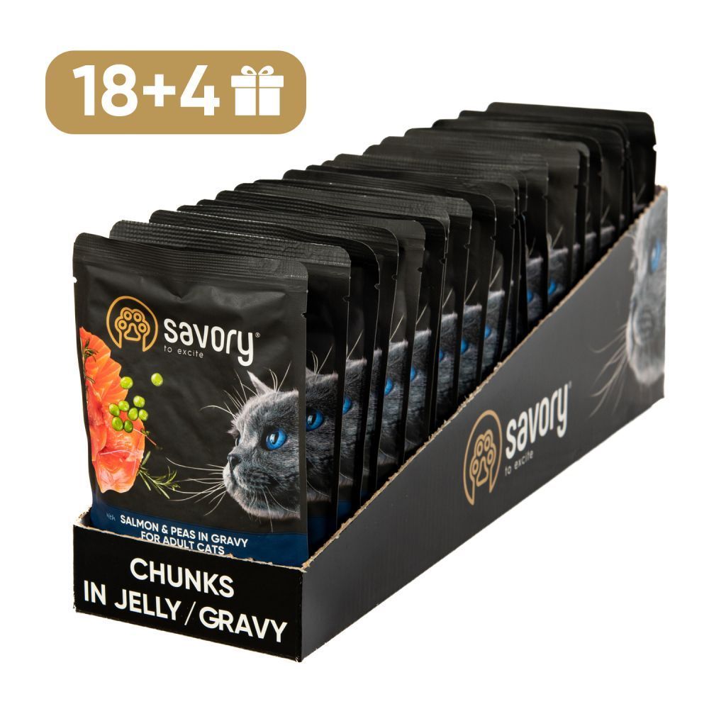 Упаковка вологого корму для котів Savory Adult 22 шт х 85 г - лосось та горошок Упаковка вологого корму для котів Savory Adult 22 шт х 85 г - лосось та горошок