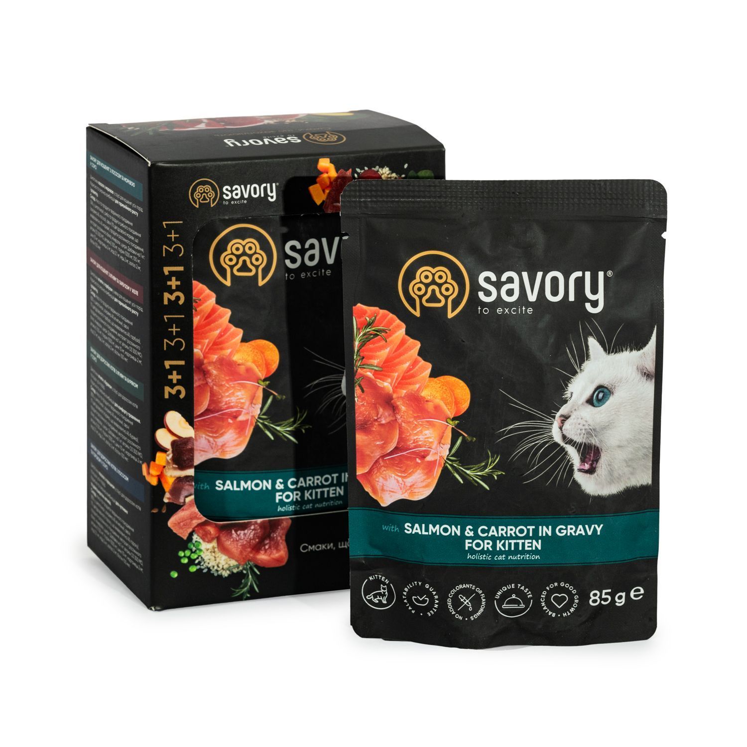 Упаковка вологого корму для кошенят Savory Kitten 3+1 шт х 85 г - лосось та морква Упаковка вологого корму для кошенят Savory Kitten 3+1 шт х 85 г - лосось та морква