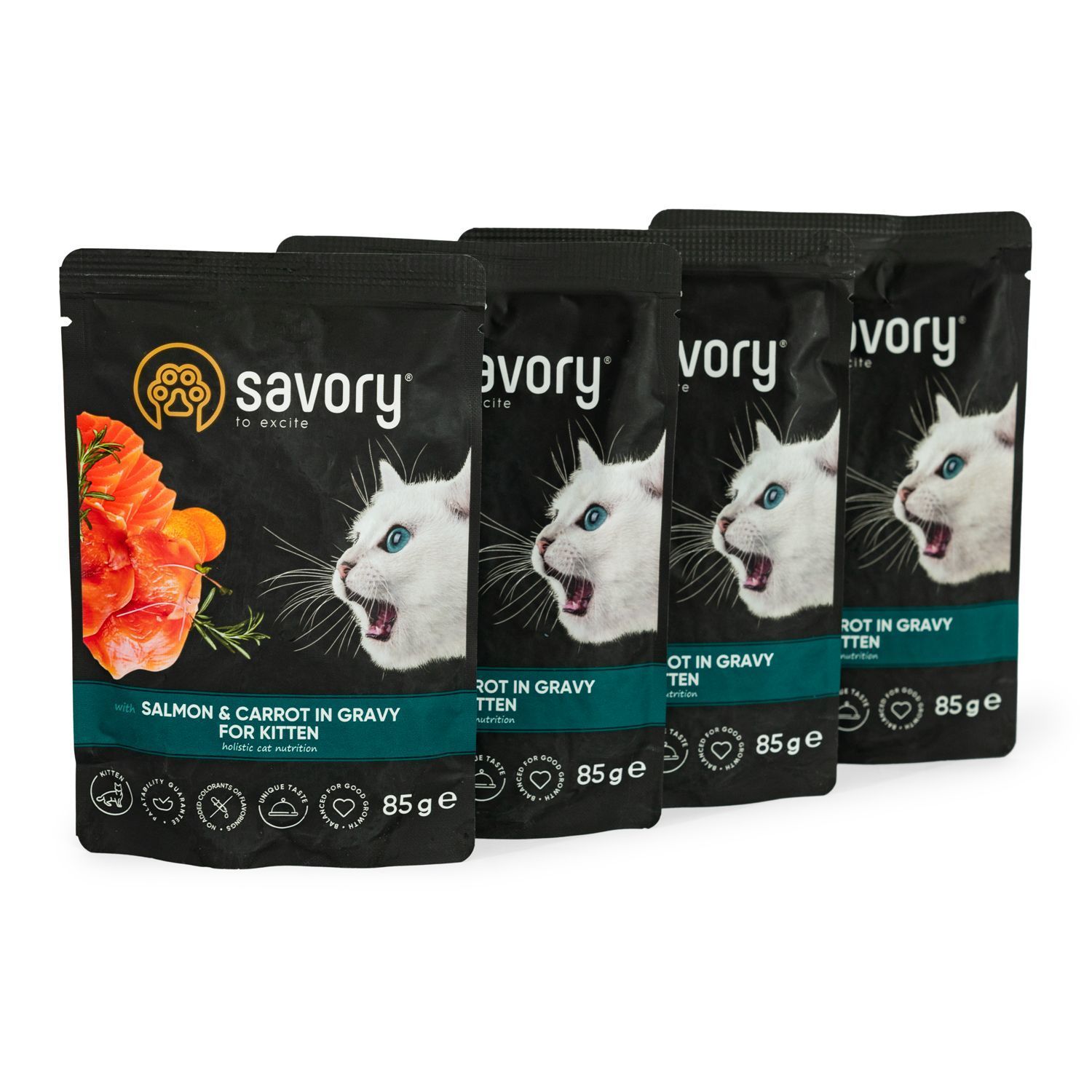 Упаковка вологого корму для кошенят Savory Kitten 3+1 шт х 85 г - лосось та морква Упаковка вологого корму для кошенят Savory Kitten 3+1 шт х 85 г - лосось та морква