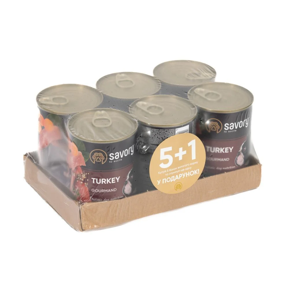 Упаковка вологого корму для собак Savory Gourmand Adult 5+1 шт х 400 г - індичка