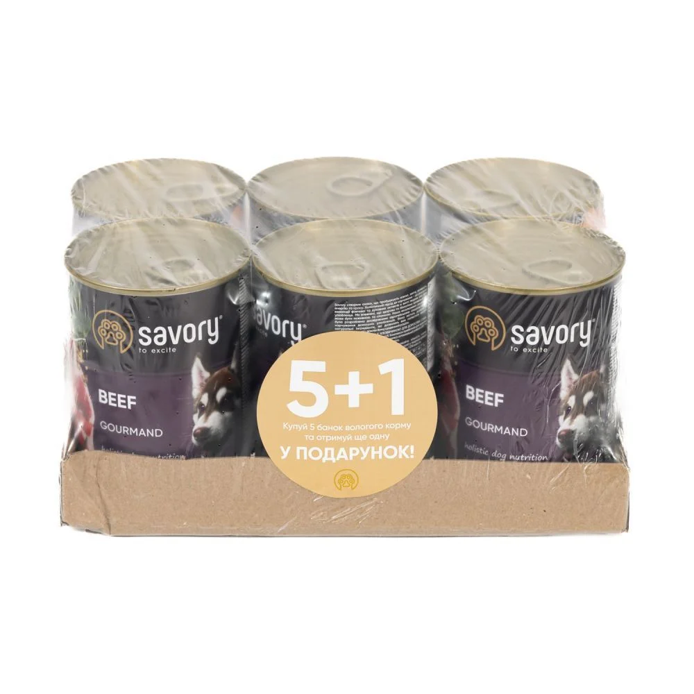 Упаковка вологого корму для собак Savory Gourmand Adult 5+1 шт х 400 г - яловичина