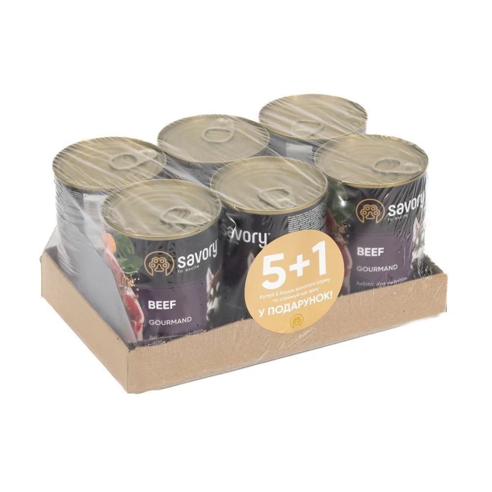 Упаковка вологого корму для собак Savory Gourmand Adult 5+1 шт х 400 г - яловичина