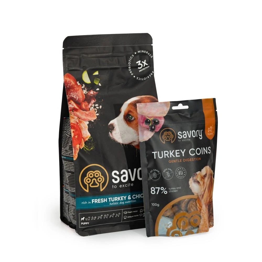 Сухий корм для цуценят Savory Набір Puppy 1 кг - індичка та курка + Ласощі Puppy Turkey Coins 100 г - індичка та курка Сухий корм для цуценят Savory Набір Puppy 1 кг - індичка та курка + Ласощі Puppy Turkey Coins 100 г - індичка та курка
