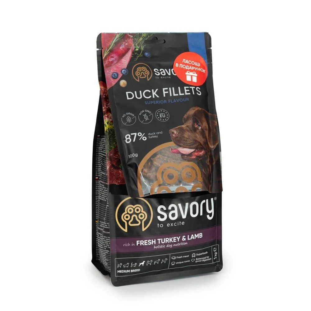 Сухий корм для собак Savory Набір Medium Breed 1 кг - індичка та ягня + Ласощі Dack Filets 100 г - качка та індичка Сухий корм для собак Savory Набір Medium Breed 1 кг - індичка та ягня + Ласощі Dack Filets 100 г - качка та індичка