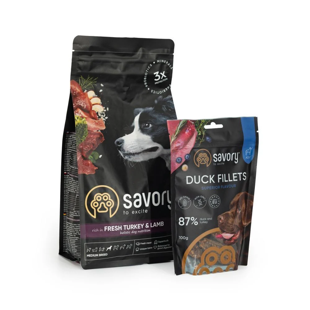Сухий корм для собак Savory Набір Medium Breed 1 кг - індичка та ягня + Ласощі Dack Filets 100 г - качка та індичка Сухий корм для собак Savory Набір Medium Breed 1 кг - індичка та ягня + Ласощі Dack Filets 100 г - качка та індичка