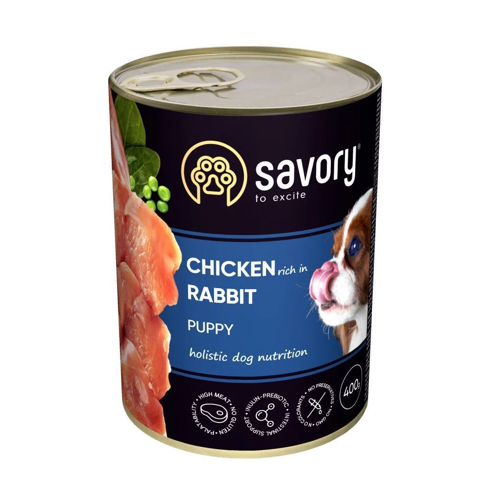 Упаковка вологого корму для цуценят Savory Puppy 5+1 шт х 400 г - курка та кролик Упаковка вологого корму для цуценят Savory Puppy 5+1 шт х 400 г - курка та кролик