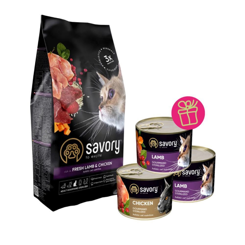Набір сухого та вологого корму для котів Savory Steril 2 кг + 600 г - ягня та курка Набір сухого та вологого корму для котів Savory Steril 2 кг + 600 г - ягня та курка
