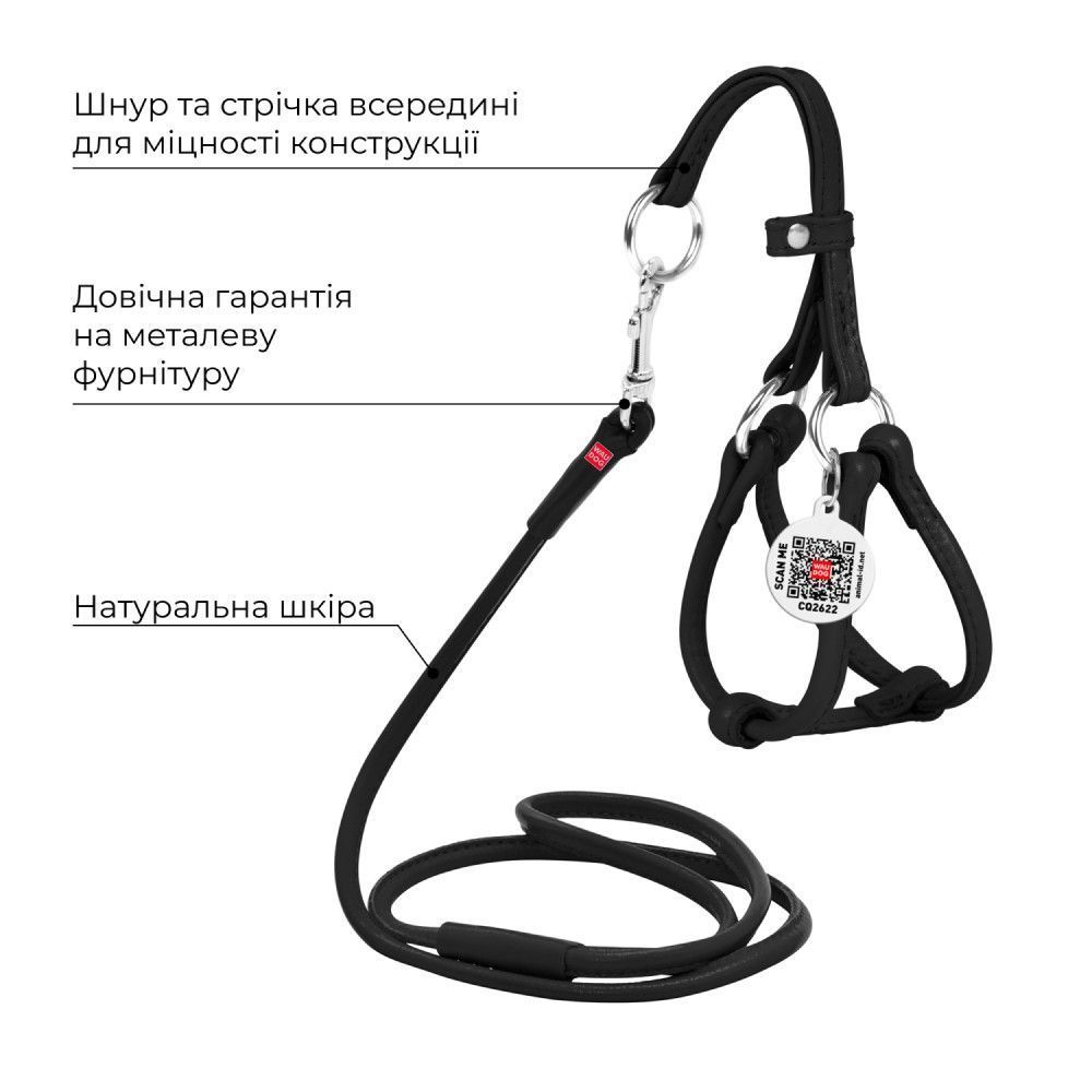 Waudog Glamour шкіряна шлея з повідцем для собак XXS - чорний