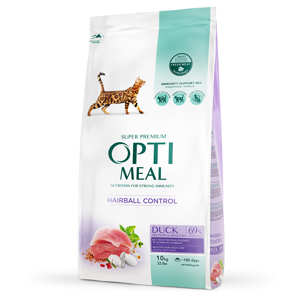 Сухий корм для котів Optimeal Hairball Control Adult 10 кг - качка
