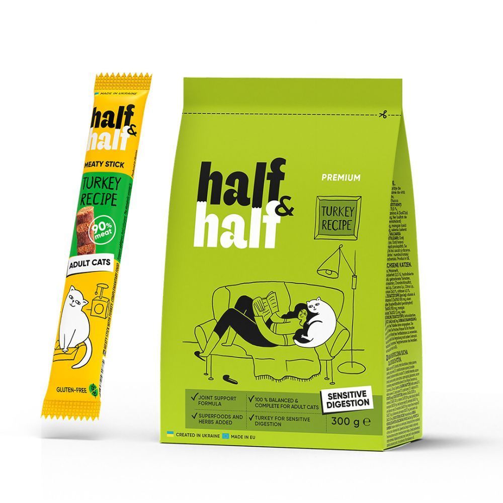 Сухой корм для кошек Half&Half Sensitive Digestion 300 г — индейка + лакомства для кошек Half&Half Meaty Stick 5 г — индейка Сухой корм для кошек Half&Half Sensitive Digestion 300 г — индейка + лакомства для кошек Half&Half Meaty Stick 5 г — индейка