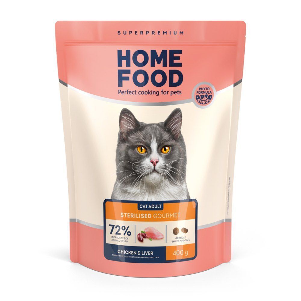 Сухий корм для котів Home Food Adult For Sterilised/Neutered Gourmet 400 г - курка та печінка Сухий корм для котів Home Food Adult For Sterilised/Neutered Gourmet 400 г - курка та печінка