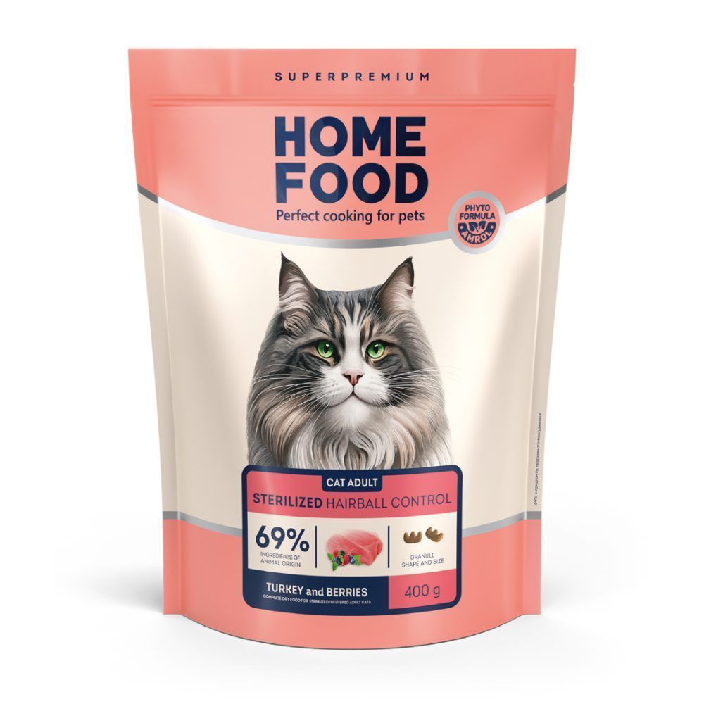 Сухий корм для котів Home Food Sterilised Hairball Control Adult 400 г - індичка та ягоди Сухий корм для котів Home Food Sterilised Hairball Control Adult 400 г - індичка та ягоди