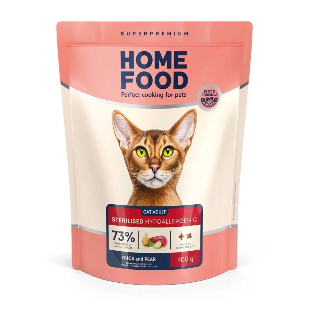Сухий корм для котів Home Food Adult Sterilised Hypoallergenic Grain-Free 400 г - качка та груша Сухий корм для котів Home Food Adult Sterilised Hypoallergenic Grain-Free 400 г - качка та груша