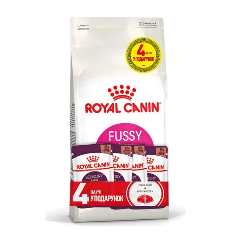 Набір сухого та вологого корму для котів Royal Canin Fussy Exigent 2 кг + 4 шт х 85 г Набір сухого та вологого корму для котів Royal Canin Fussy Exigent 2 кг + 4 шт х 85 г