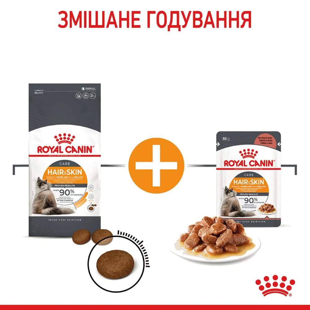 Набор сухого и влажного корма для кошек Royal Canin Hair & Skin 2 кг + 4 шт. по 85 г
