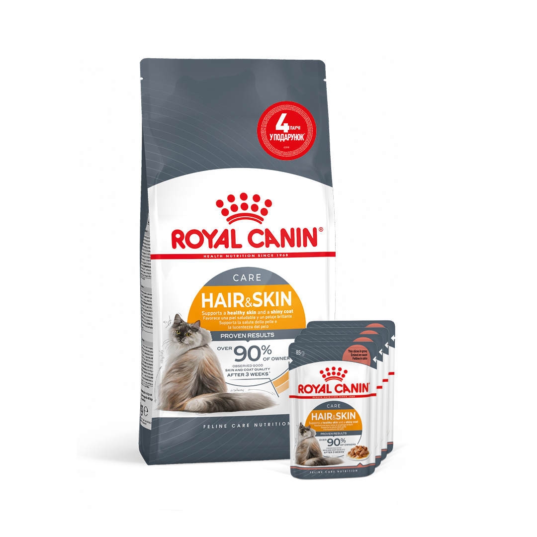 Набор сухого и влажного корма для кошек Royal Canin Hair & Skin 2 кг + 4 шт. по 85 г